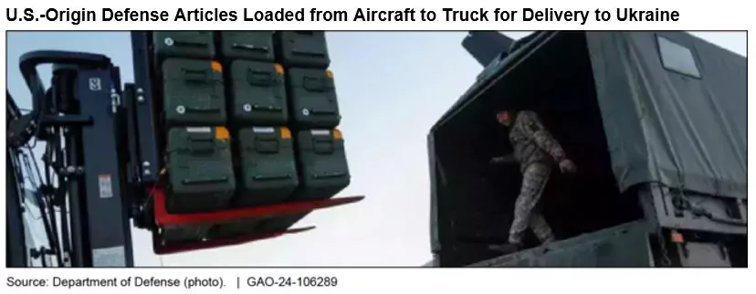 Photo showing a power lift loading containers into the back of a military vehicle.